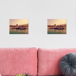 Vibrant retro coral sunset Bodrum harbor