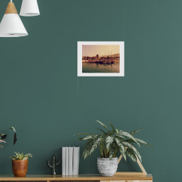 Vibrant retro coral sunset Bodrum harbor Poster