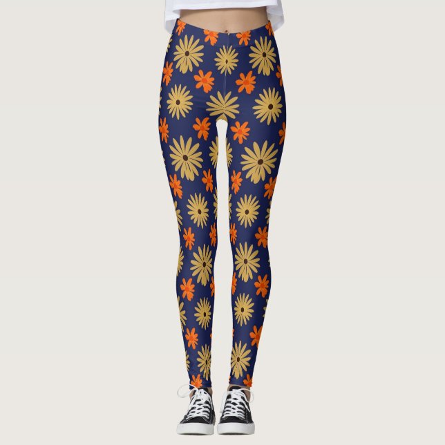 Vibrant Retro Daisy Floral Seamless Pattern Leggin Leggings (Framsida)