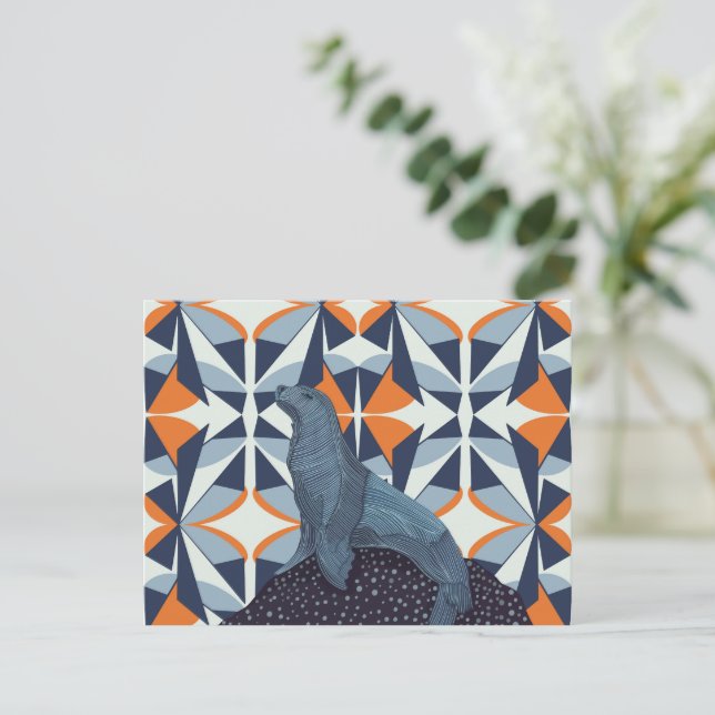 Vibrant Retro Geometric Sea Lejon i Sten Vykort (Stående Fram)