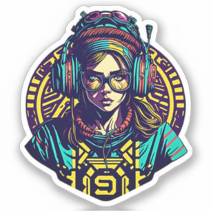 Vibrant Retro Groove: Coola Girl with Headphone Klistermärken