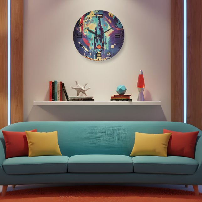 Vibrant Retro Starship Wall Clock Stor Klocka (Skapare uppladdad)