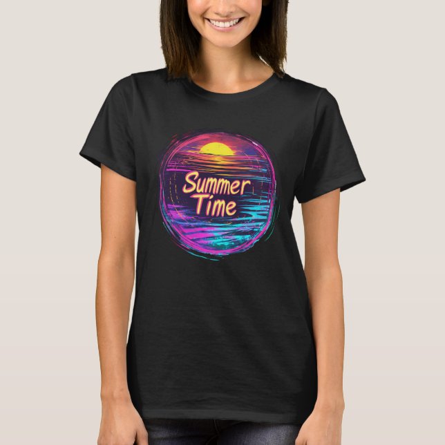 Vibrant Retro “Summer Time” Sunset T-Shirt (Framsida)