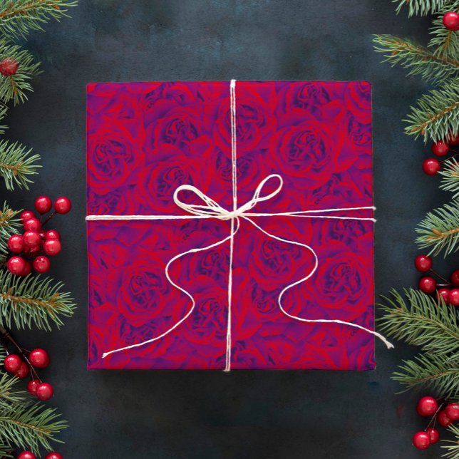 Vibrant Ro Flowers Mönster Blommigt Lila Red Presentpapper (Skapare uppladdad)