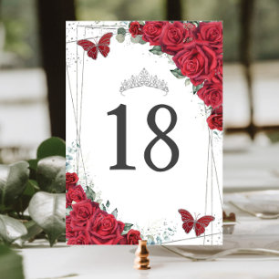 Vibrant Röd ros Silver Butterflies Birthday Bordsnummer