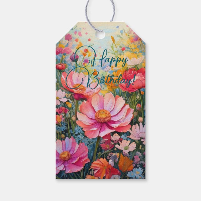 Vibrant Romantic Blommigt Garden Birthday Presentetikett (Framsidan)