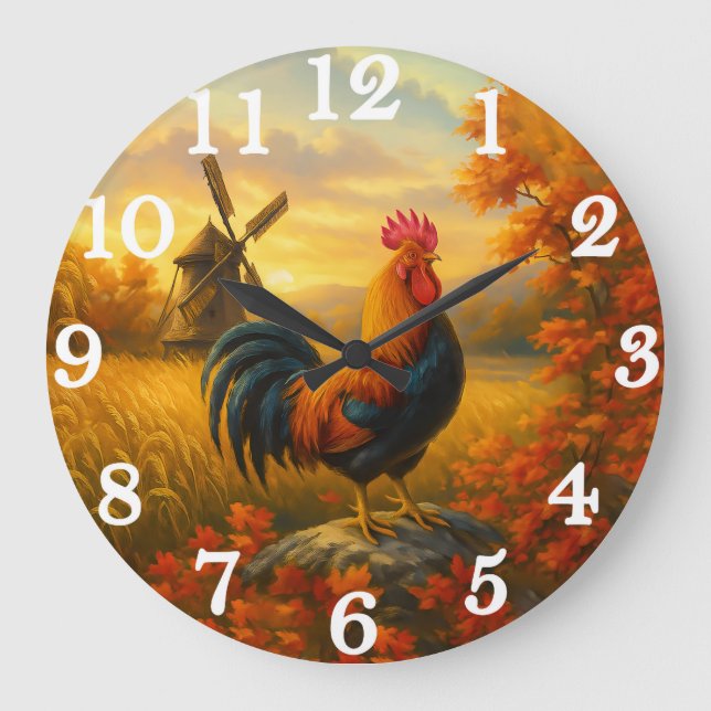 Vibrant rooster in golden harvest stor klocka (Framsida)