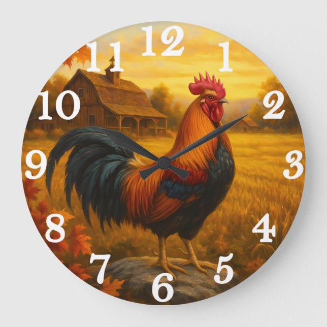 Vibrant rooster in golden pasture stor klocka (Framsida)