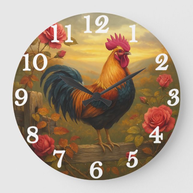 Vibrant rooster in golden sunset stor klocka (Framsida)