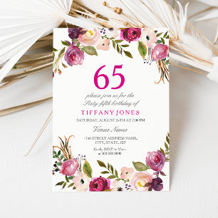 Vibrant Rosa 65e i botaniska Blommigten Birthday I Inbjudningar