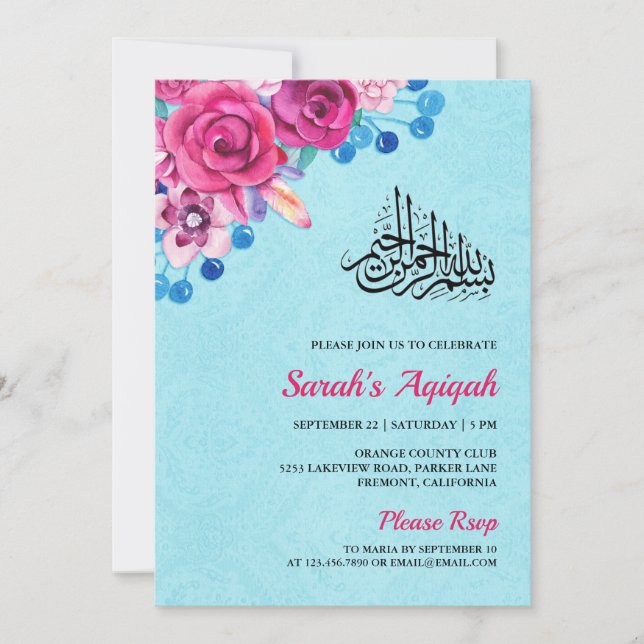 Vibrant Rosa Blommigt Flicka Aqiqah Inbjudningar (Framsida)