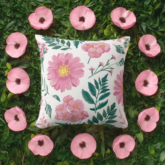 Vibrant Rosa Blommönster med Lush Greenery Kudde (Skapare uppladdad)