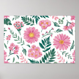 Vibrant Rosa Blommönster med Lush Greenery Poster