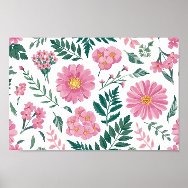 Vibrant Rosa Blommönster med Lush Greenery Poster (Framsidan)