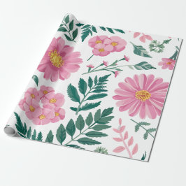 Vibrant Rosa Blommönster med Lush Greenery Presentpapper