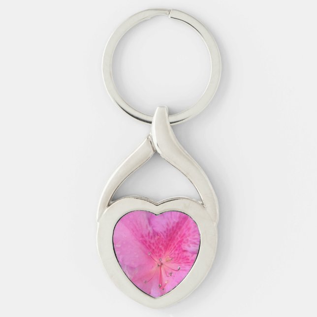 Vibrant Rosa Flower Twisted Heart Twisted Heart Silverfärgad Nyckelring (Framsidan)