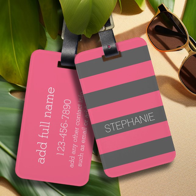 Vibrant Rosa & Grått Rugby Rand med eget namn Bagagebricka (Personalized luggage tag - Modern Stripe Pattern with custom text)