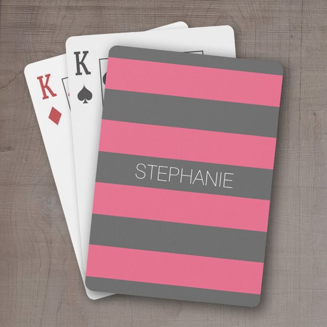 Vibrant Rosa & Grått Rugby Rand med eget namn Kortlek (Personalized playing cards - sporty, preppy stripe pattern with name. )