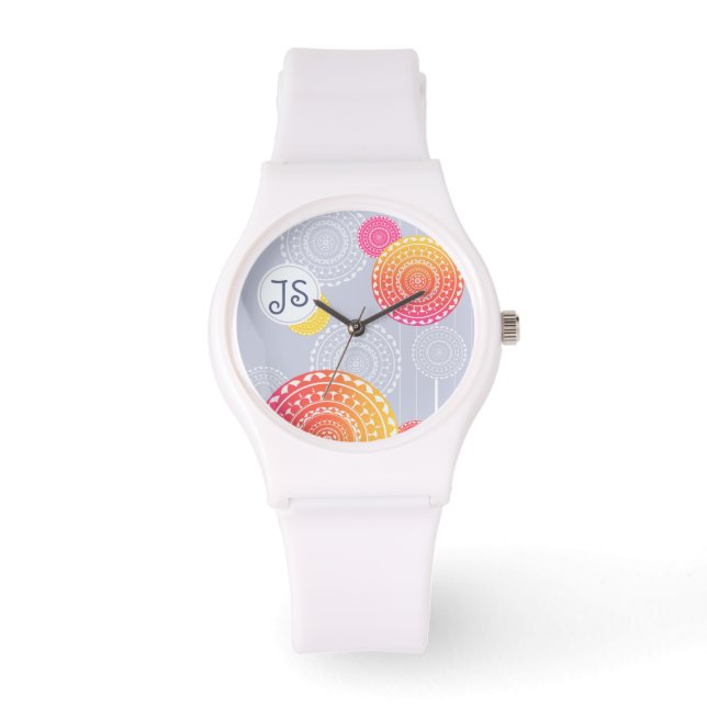 Vibrant Rosa Gult Random Mandala Monogram Armbandsur (Framsida)