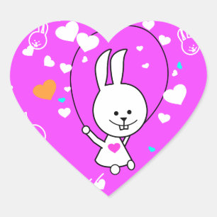 Vibrant Rosa Lycklig Jump Roping Bunny Hjärtformat Klistermärke