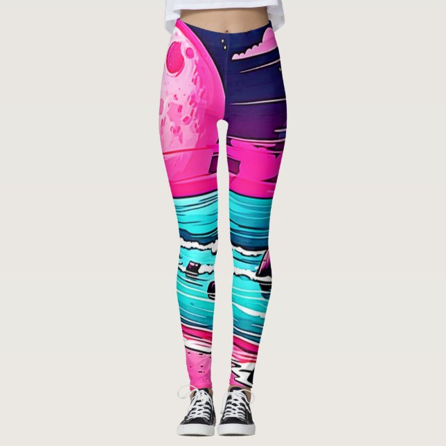 Vibrant Rosa Måne Beach Leggings (Framsida)