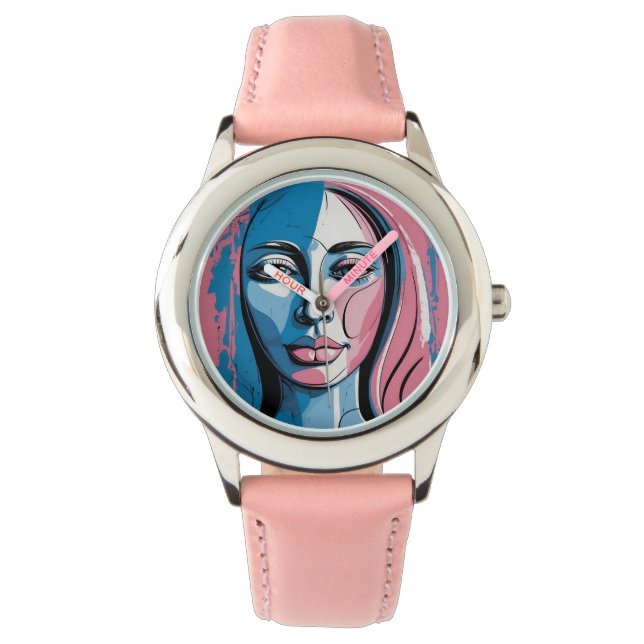 Vibrant Rosa och Blue Abstrakt Ansikte Art Armbandsur (Framsida)