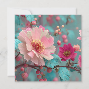 Vibrant Rosa och Blue Fantasy Blommigt Art Julkort