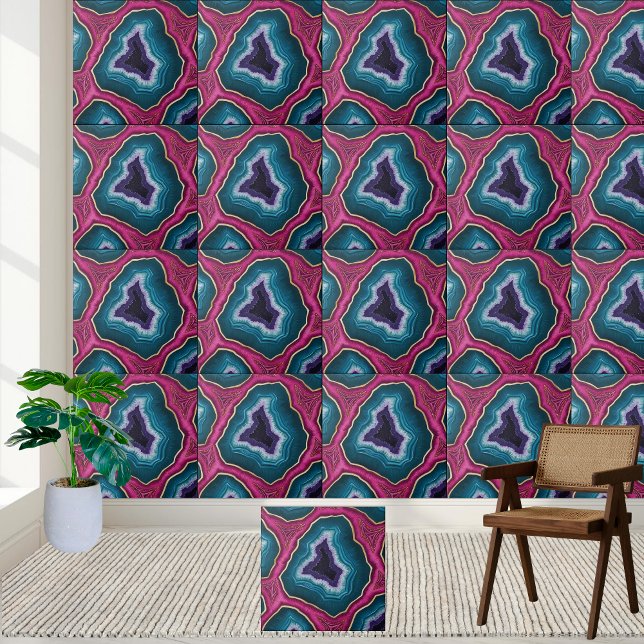 Vibrant Rosa och Blue Geode Tile Kakelplatta (Vibrant Pink and Blue Geode Tile)