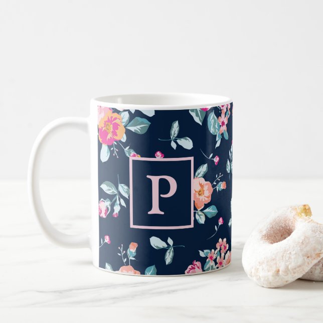 Vibrant Rosa ros Blommönster Monogram Kaffemugg (Med munk)