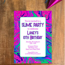 Vibrant Rosa Teal Groovy Birthday Slime Party Inbjudningar