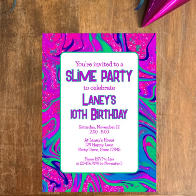 Vibrant Rosa Teal Groovy Birthday Slime Party Inbjudningar (Customize this unique trendy invitation for a fun slime birthday party. Groovy swirled pink and teal)