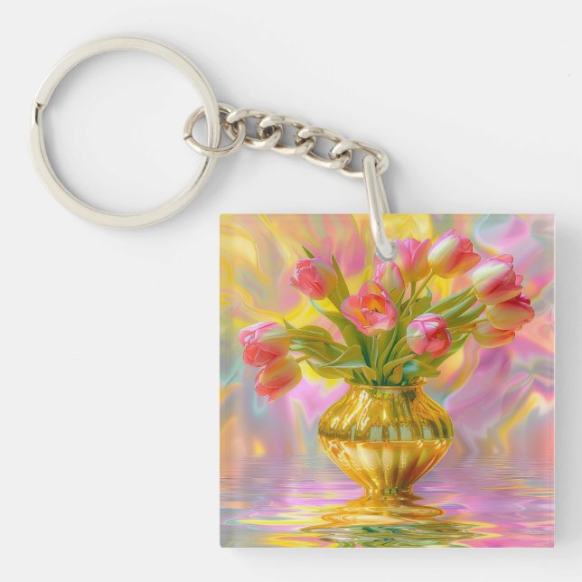 Vibrant Rosa Tulips i Golden Vas (Framsidan)