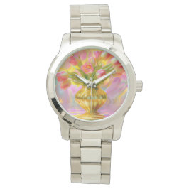 Vibrant Rosa Tulips i Golden Vas Armbandsur