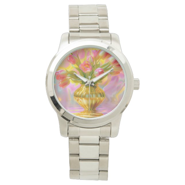 Vibrant Rosa Tulips i Golden Vas Armbandsur (Framsida)
