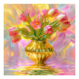 Vibrant Rosa Tulips i Golden Vas Fototryck