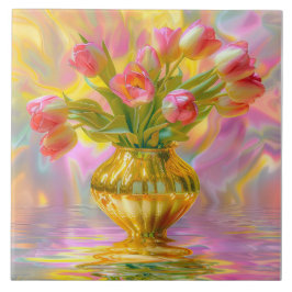 Vibrant Rosa Tulips i Golden Vas Kakelplatta