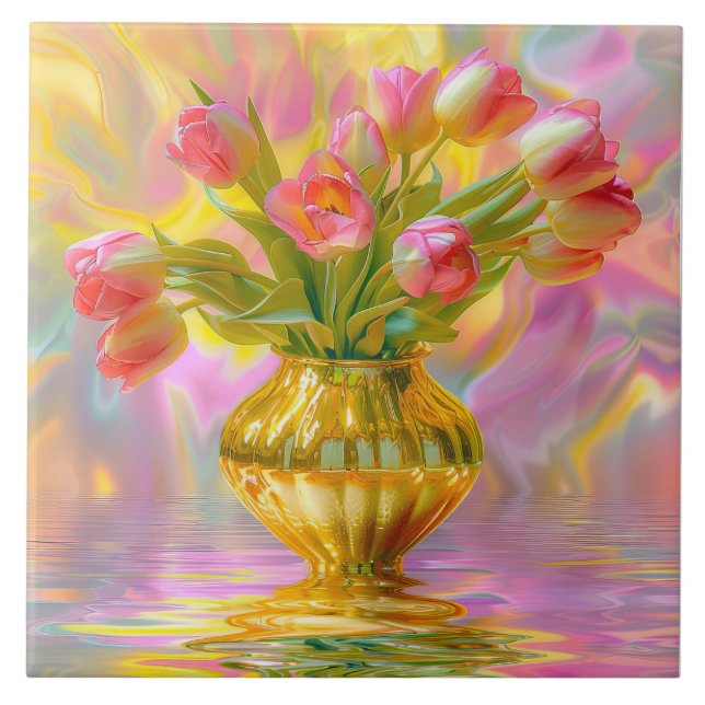 Vibrant Rosa Tulips i Golden Vas Kakelplatta (Framsidan)