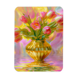 Vibrant Rosa Tulips i Golden Vas Magnet