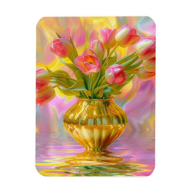 Vibrant Rosa Tulips i Golden Vas Magnet (Vertikal)
