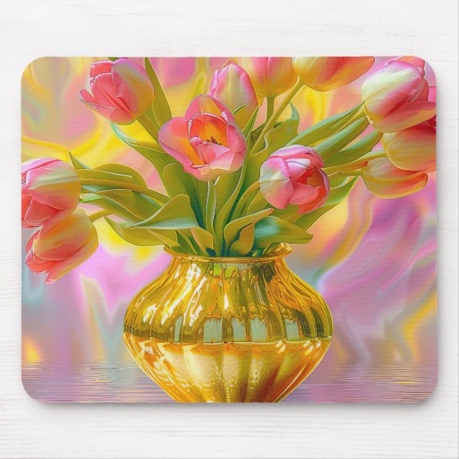 Vibrant Rosa Tulips i Golden Vas Musmatta (Framsidan)