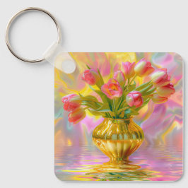 Vibrant Rosa Tulips i Golden Vas Nyckelring