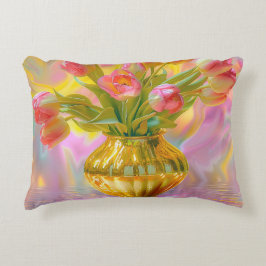 Vibrant Rosa Tulips i Golden Vas Prydnadskudde