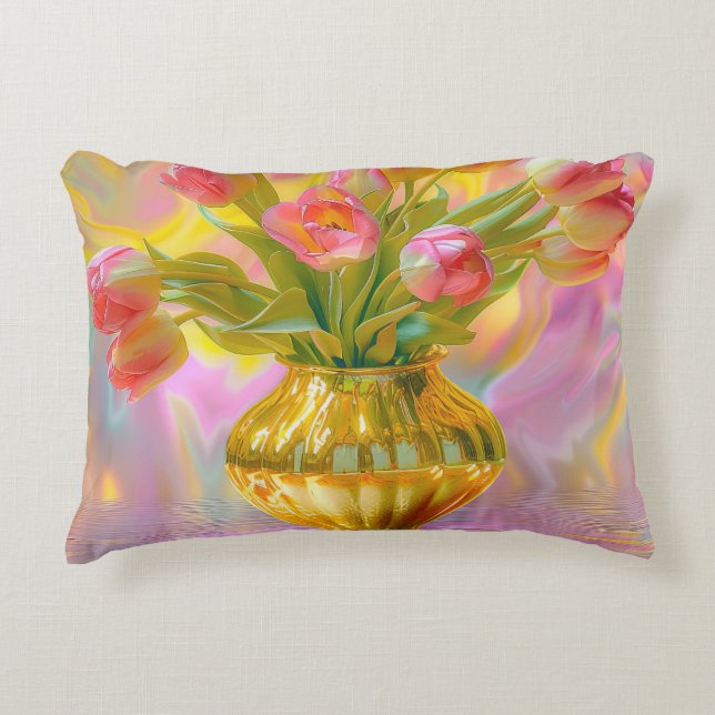 Vibrant Rosa Tulips i Golden Vas Prydnadskudde (Framsidan)