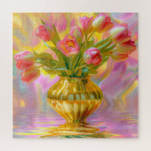 Vibrant Rosa Tulips i Golden Vas