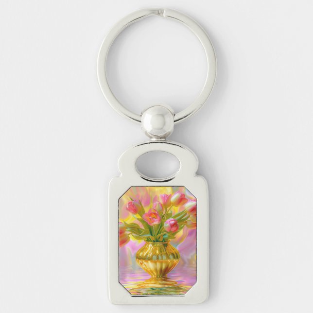 Vibrant Rosa Tulips i Golden Vas Rektangulärt Silverfärgad Nyckelring (Framsidan)