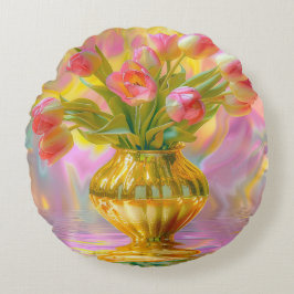 Vibrant Rosa Tulips i Golden Vas Rund Kudde