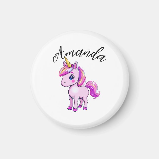 Vibrant Rosa Unicorn Girl Namn Magnet (Framsidan)