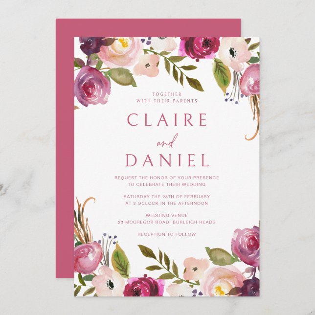 Vibrant Rosa Vattenfärgad Blommigt Utandning Bröll Inbjudningar (Fram/baksida)