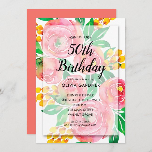 Vibrant Rosa Watercolor Blommigt Birthday Call (Fram/baksida)