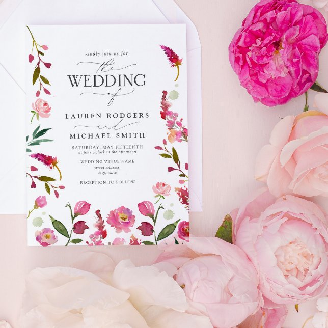Vibrant Rosa Watercolor Blommigt Garden Wedding Inbjudningar (Vibrant Pink Wedding Invitation!)